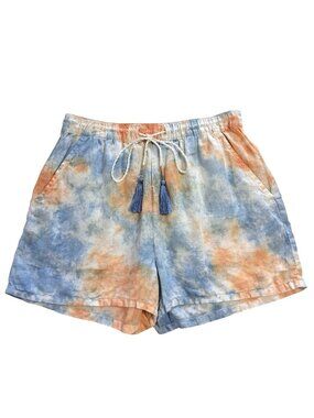 Rachel Zoe Linen Tie-Dye Shorts Size Small Tassels Elastic Waistband & Pockets